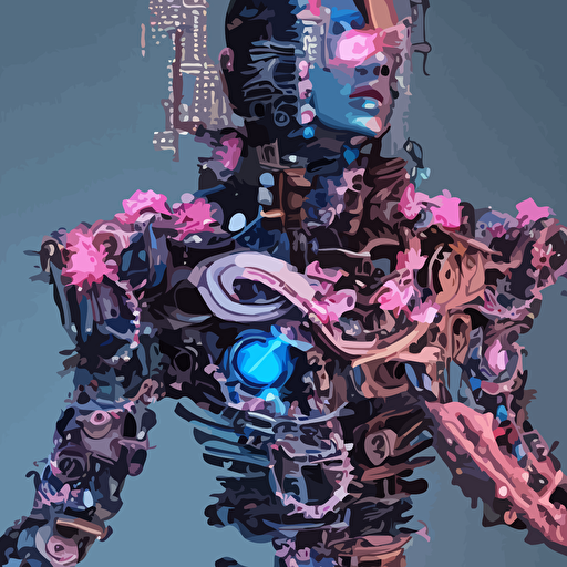 body cyberpunk style sculpture young handsome colombian prince half android chest opening exposing circuitry electric sparks glowing pink eyes crown blue flowers flowing salmon colored silk fabric raptors baroque elements length view baroque element intricate artwork caravaggio birds birds background trending artstation octane render cinematic lighting right hyper realism octane render 8k depth field 3d