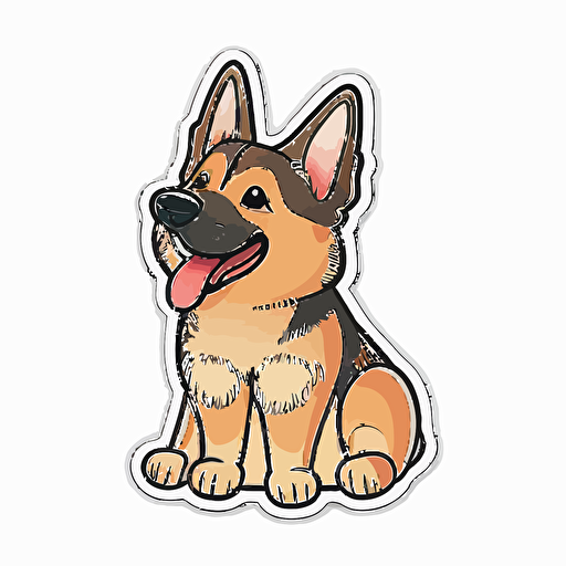 cute happy german shepherd dog, kawaii, 2d vector sticker design, contour, white background