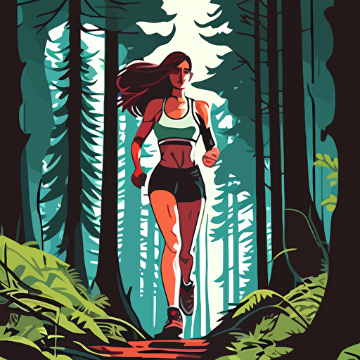 Fit girl in workout clothing, hiking away from the viewer. Forest path. vector art style.