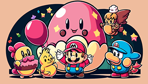 Mario, Kirby, pikachu, donky kong and link, around a birthday cake, with balloons, vector art, flat background