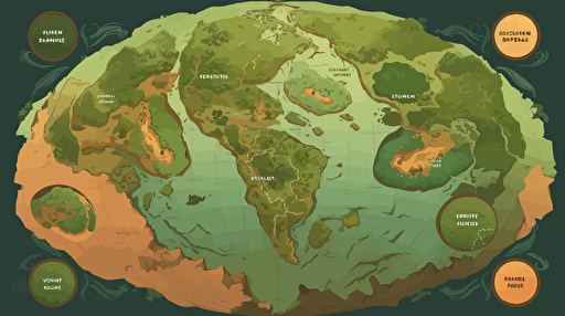 vector illustration of a map of a foreign jungle planet with five distinct areas for exploration