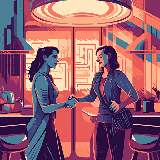 vector art style two women smiling and shaking hands in a coffee shop, in the style of Michael Parks, make it light, use blues and purples