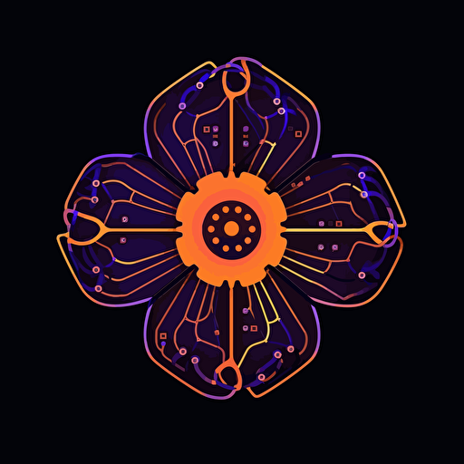 a lovely vector logo of a simple cybernetic flower, with circuit board imagery, orange and purple undertones.