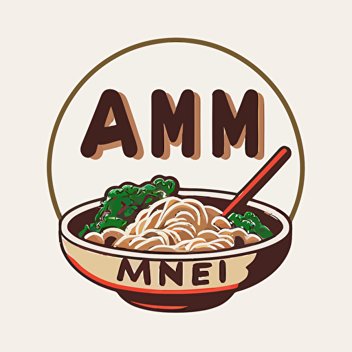 logo, combination mark, text is "AI-MESHI", a bowl of ramen with meat and vegetables, vector, simple, flat, low detail, minimal, white background,Ivan Chermayeff style