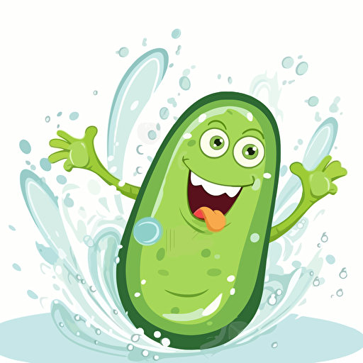 happy cucumber jumping in splashing water, cartoon style, 16:9, vector art