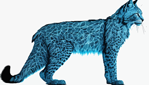 2d, coloring page, simple, sprite, vector line drawing of a transparent, polygonal computerized lynx, blue color #11375c, #a9c9e7, side view
