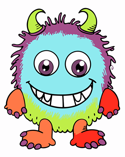 stickers, very cute little monster, smiling, handmade children simple doodle, minimalistic, illustration for babies, delicate, vibrant colors, vivid palette, vector art, defined thick black edges, white background, very simple doodle, symmetric, naif doodle, clip art