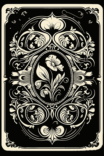 A card back, in an ornate Victorian floral woodcut style, [Two colors]. The card back should have a unique design, with elements of fluidity and movement, Flat with no shadow, no script, horizontal symmetry, while still maintaining a cohesive look and feel throughout the deck. Two circles in the middle. Symmetrical design. The overall design should evoke a sense of tranquility, The final product should be high-quality, vector artwork, suitable for printing on the backs of standard playing cards.