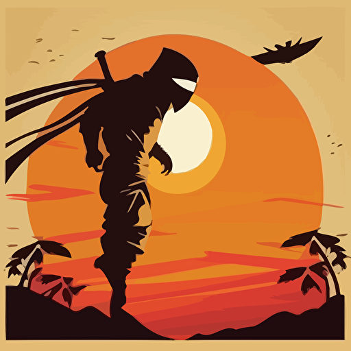 vector poster, ninja, flying sidekick, in front of large sun background v 5