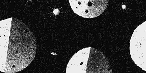 vector style asteroids and comets on a dark background, paper texture with grain