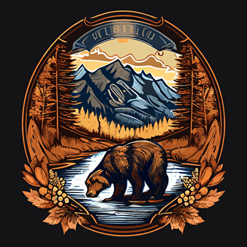 A coin emblem with a Bear Standing:: background of mountains, color, vector, ar 5:3, c 100