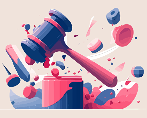 a gavel and pencil, vector illustration, in the style of light pink and indigo, raw documentation, atey ghailan, innovative page design, dark azure and red, organic and flowing forms, petcore