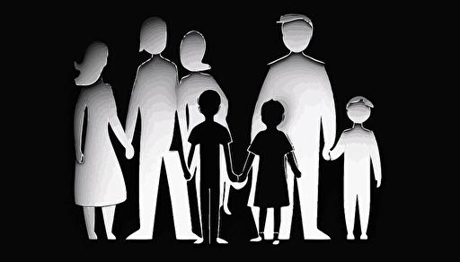 a white logo of big family, vectorised, no text, black background,