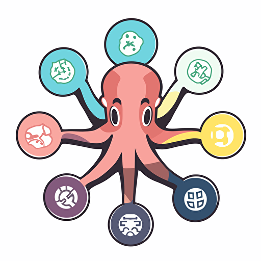 a simple flat logo featuring an anime kawaii octopus with all 8 arms visible, vector image, 32k uhd