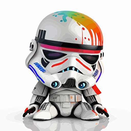 A saturated colorfull baby fur stormtrooper, goofy looking, smiling, white background, vector art , pixar style