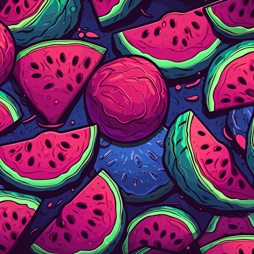 Watermelon illustration, epic composition, 2d vector, purples, seamless pattern