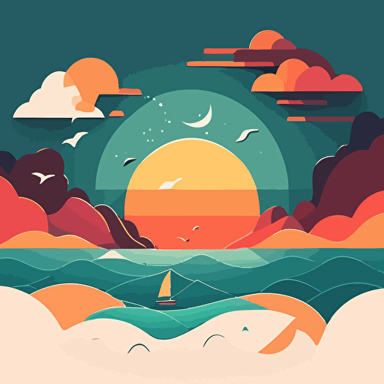 Sunset over ocean waves with a small sailboat