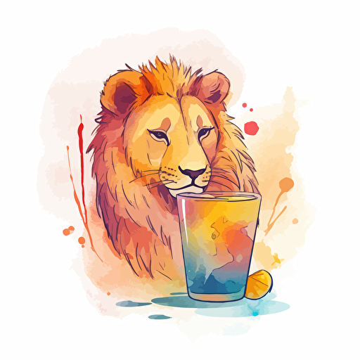 Lion, Sipping a Cocktail, Watercolor, Relaxed, Warm Lighting, Comic vector illustration style, flat design, minimalist logo, minimalist icon, flat icon, adobe illustrator, cute, Simple