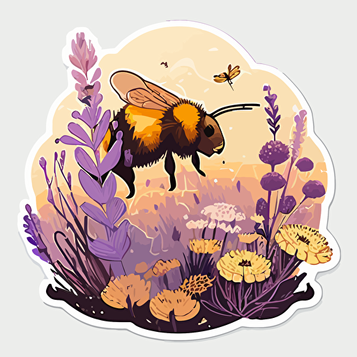 vector sticker design, transparent background, kawaii style yellow and brown honey bee collecting nectar from a field of purple wildflowers
