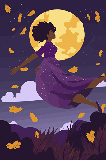 illustrated flat vector art, black girl in purple dress falls down from sky, folk art style,