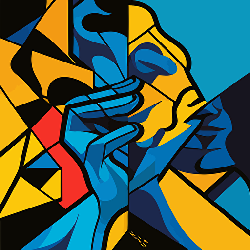 a captivating vector illustration in the profile position, reminiscent of Michelangelo's iconic "Creation of Adam," focusing on the hands. Style in a modern and dynamic composition, in the style of Romero Britto, with vivid blue and yellow tones contrasted with dark black tones.