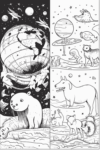 coloring pages for kids, 4 different animals separated by space, cartoon style, vector, little detail, no shadow, black and white, white background