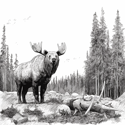 Grizzly bear pretending to be an Elk, Black and white illustration : : vector style