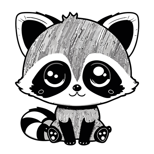 cute racoon kawaii style, vector clipart, black and white