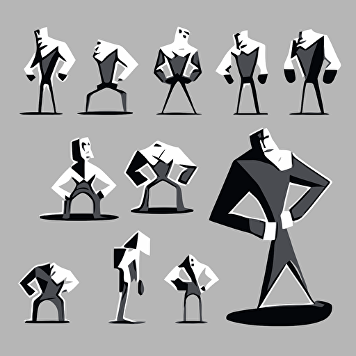 simple and expressive cartoon figure poses, flat, geometric, vector, black and white