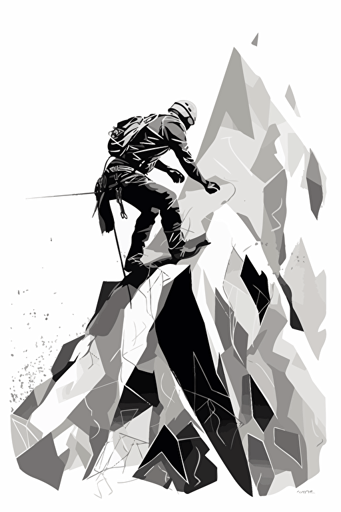 Performing the Climbing Body: Martyrdom, Apeiron, and Vulnerability in Rock Climbing and Mountaineering Stories, B&W, white background, abstract, imaginative, flat vector, illustration, full scene,