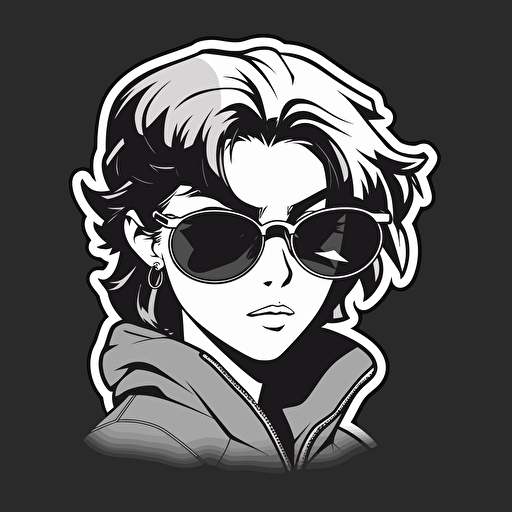 90's anime, sunglasses, sticker vector design, white outline, trending, award winning, no background