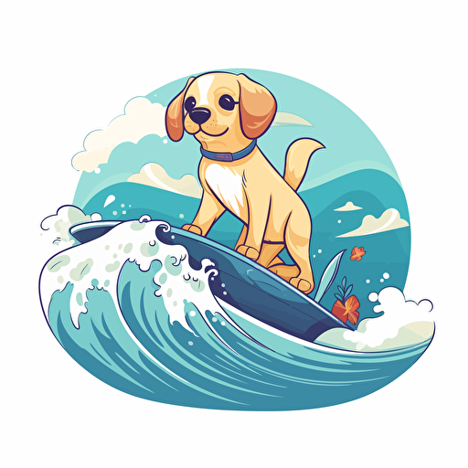 cute labrador riding a malibu surfboard on a wave, design, tropical, 2d, vector, white background
