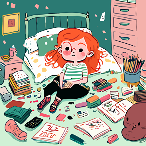 emma, a 7 year old girl with red hair and freckles sits cross-legged on her bedroom floor. She is surrounded by art materials, sketch pads and colorful pencils. Her walls are adorned with her artwork, creating a whimsical room. vector style with soft dreamy qualities