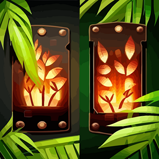 tiki style buttons for a mobile app, vector no background transparent, bamboo leaves fire with room for text on buttom