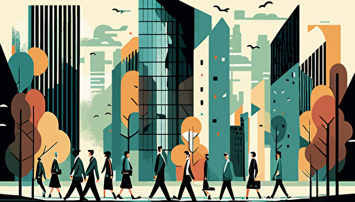 corporate people walking, skyscrapers landscape, flat vector art style, illustration, very detailed, by Keith Negley,