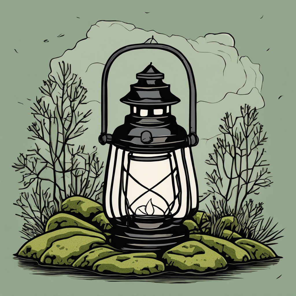 Antique lantern on a mossy rock.