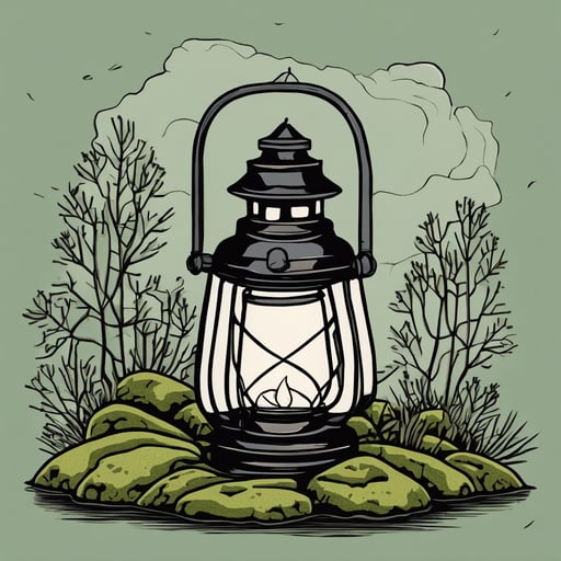 Antique lantern on a mossy rock.
