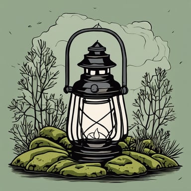 Antique lantern on a mossy rock.