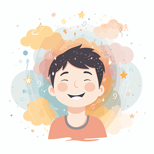 illustration vector of a child meditating :: an illustration vector of a boy :: a cloud comes out of the child's head that contains the things that the child is imagining inside :: adobe illustrator style, happy faces, white background, colored with hex: 90caf9 and hex: ffb347, UHD
