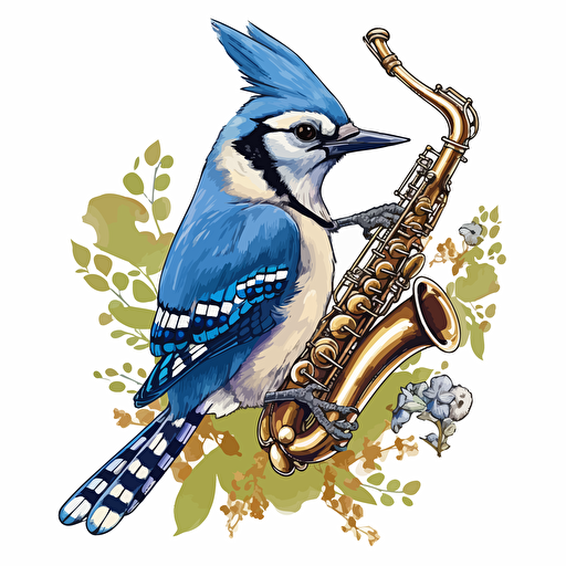 blue jay playing a saxaphone in the style of vector art 2D illustraion clip art.