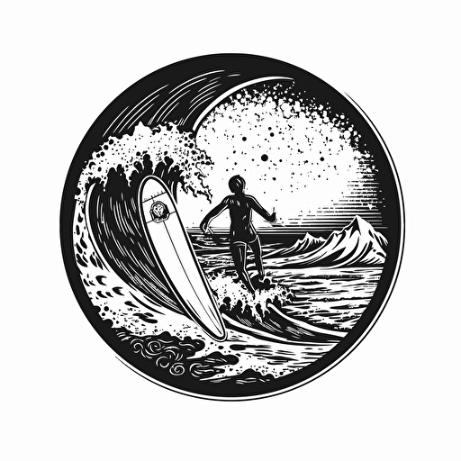 detailed surfing logo, black and white design, vector isolated on white