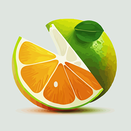 2d illustration of minimalist, orange fruit, half of a green lime in front, 2d, clean, illustration, vector, white background, cartoon