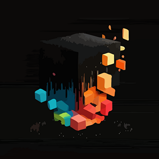simple logo, minimalist, cuded vectorized that makes up a funnel, gray and black colors on the exterior print layer , delicacy, interlayer of 1/2 size small muilti-colored cubes inside falling out of the cube, with different shades, black background