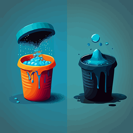 a vector image with a very small bottlecap of water pouring one drip of water into a big bucket versus a big bucket dumping a lot water on an overflowed drowning bottlecap