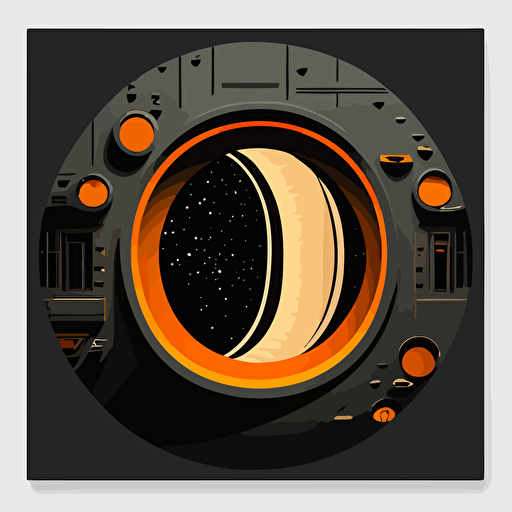 futuristic space ship, round window on side, orange and grey, black background, minimalistic, vector