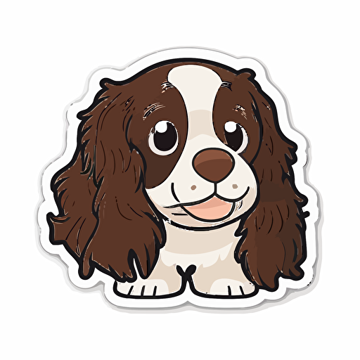 Cute, happy, english springer spaniel dog head sticker logo, chibi style, cartoon, clean, vector, 2d, white background, no accessories, without accessories, no text, without text
