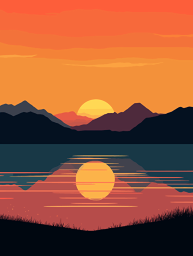 flat vector illustration, mountains, sunset, lake, detailed,