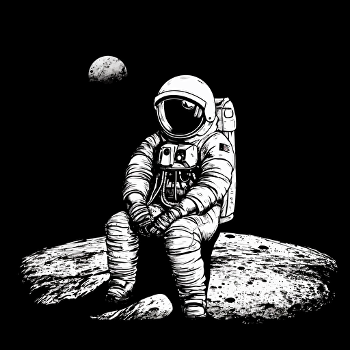 vector image of an astronaut sitting on the moon, black, white background, minimalist, vector, illustrator, simple, clean, small