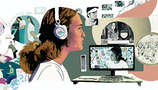 mixed media collage of user-testing, slightly arty, white space, vectorize, flat colour