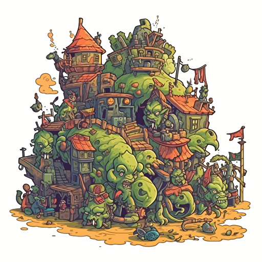 a goblincore scene in detailed drawing style + simple vector + bright colors on a white background